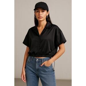 Forever 21 Womens Black Satin Snap-Front Top Size L Drawstring Hem, Short Sleeve